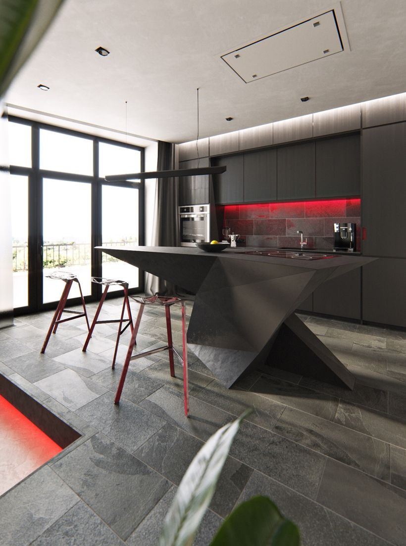 Alluring-red-lighting-washes-down-a-black-tile-backsplash.-red-kitchen-bar-stools-which-are-the-magis-stool-one-look-hot-at-the-side-of-an-origami-style-central-island.
