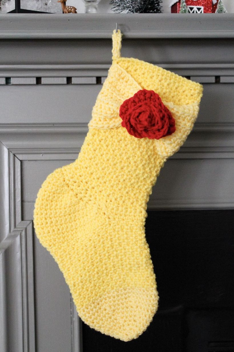 Classic-christmas-décor-ideas-with-belle-inspired-princess-crochet-yellow-stockings-dress-from-beauty-and-grace.