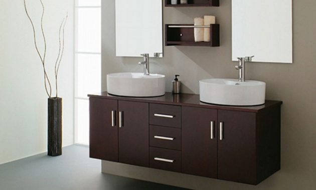 2-dashing-espresso-bathroom-sink-cabinets-feats-with-mini-brown-fluffy-rug-on-plain-grey-floor
