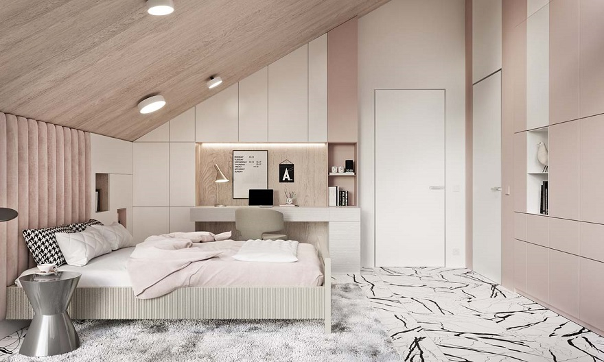 Luxurious kid’s bedroom with study space in neutral colors that anyone will love 1