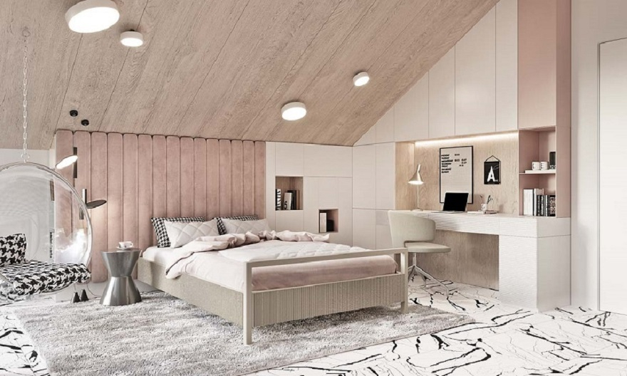 Luxurious kid’s bedroom with study space in neutral colors that anyone will love 2