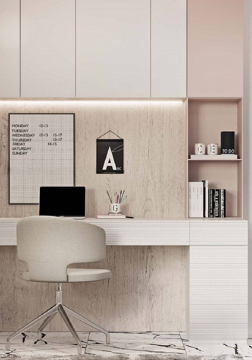 Luxurious kid’s bedroom with study space in neutral colors that anyone will love 3