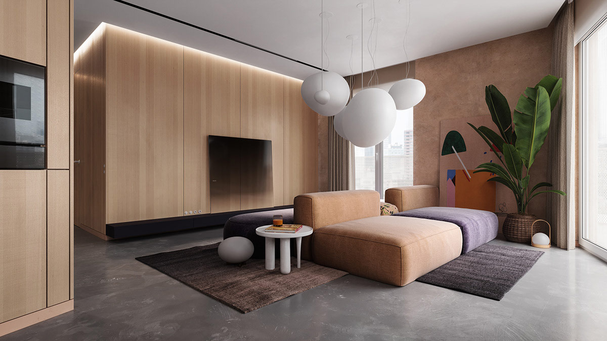 Mind-blowing beige apartment interior that brings certain warmth to a modern room scheme 1
