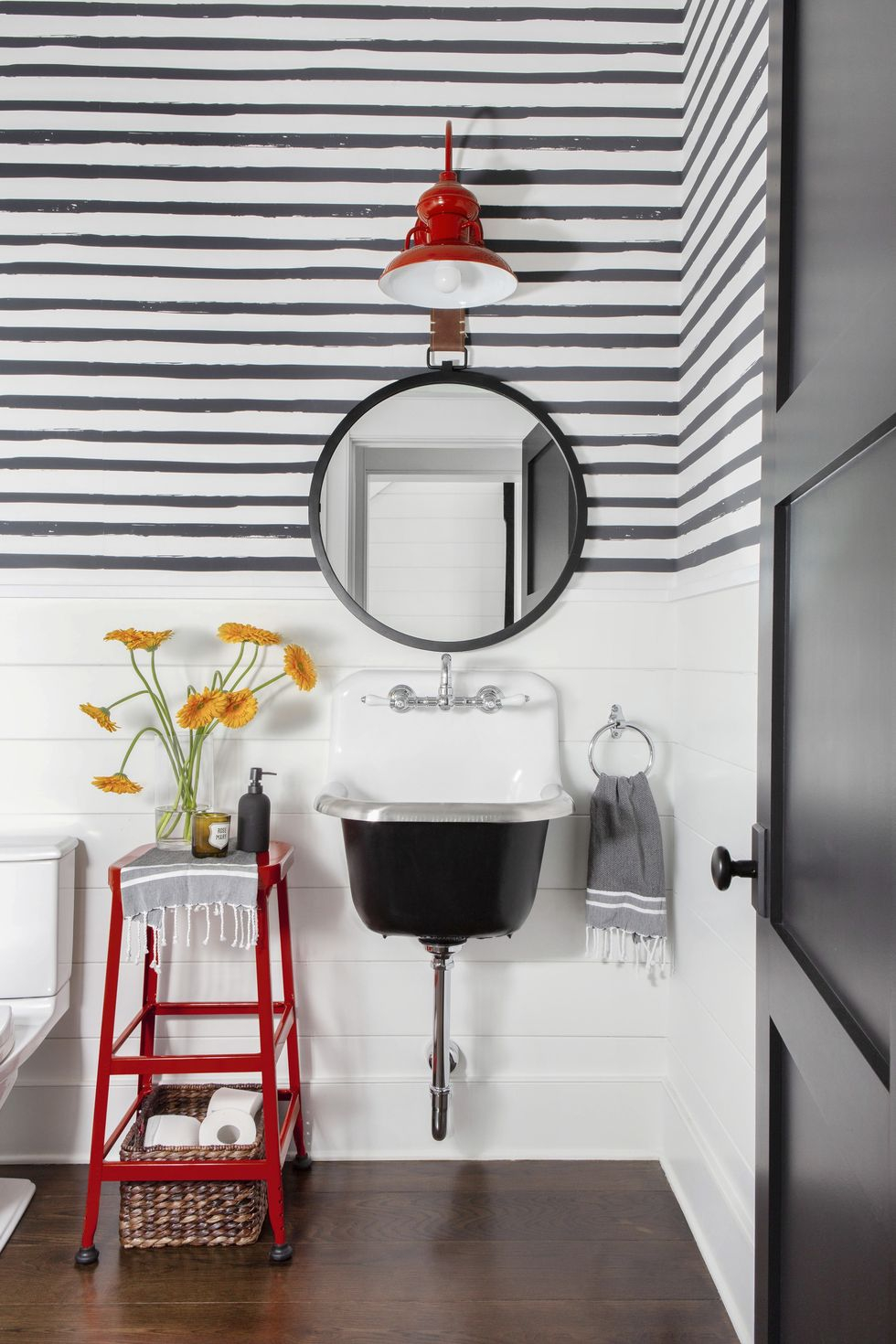 White-black-red in one Vitalizing Half Bathroom Ideas That Refreshing Your Half Space In A Right Way