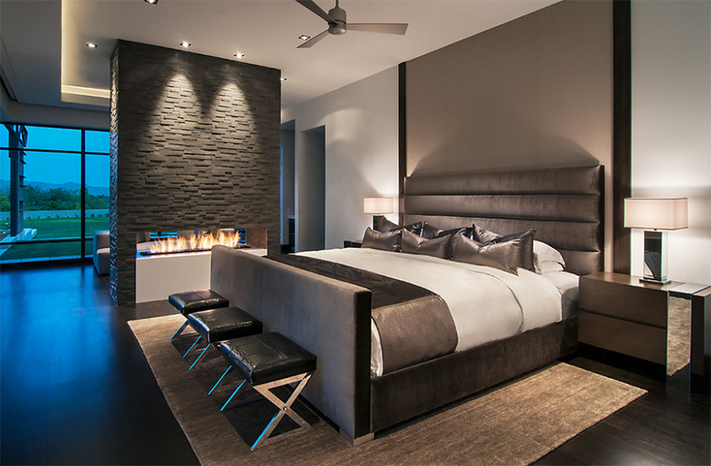 With a gray fireplace