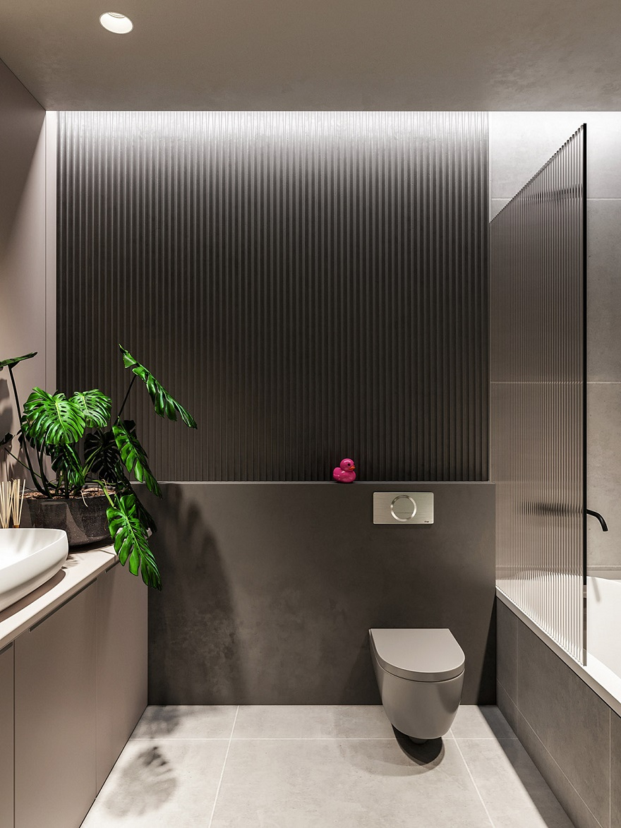 55 square metres house with blue and grey interior that either men or women can stay 6