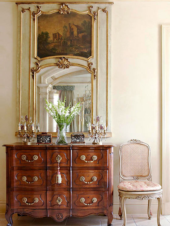 Antique mirror, chest, chair