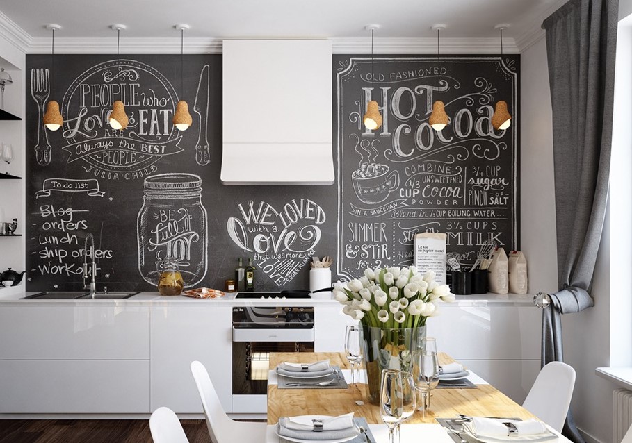 Kitchen-with-scandinavian-design-white-walls-chalkboard-features