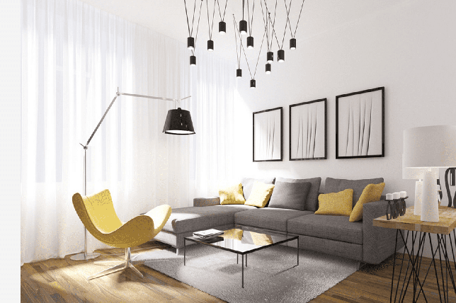 Modern-living-room-with-unique-light-fixture
