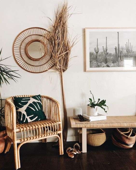 03-a-boho-desert-entryway-with-rattan-furniture-cacti-artworks-potted-plants-and-grasses