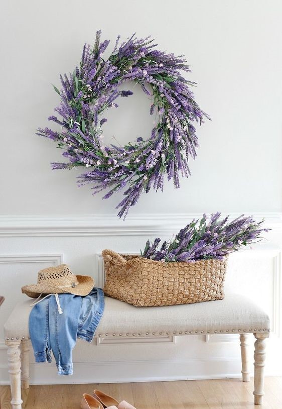 13-a-faux-lavender-wreath-and-some-lavender-in-a-basket-for-a-cute-romantic-entryway-3