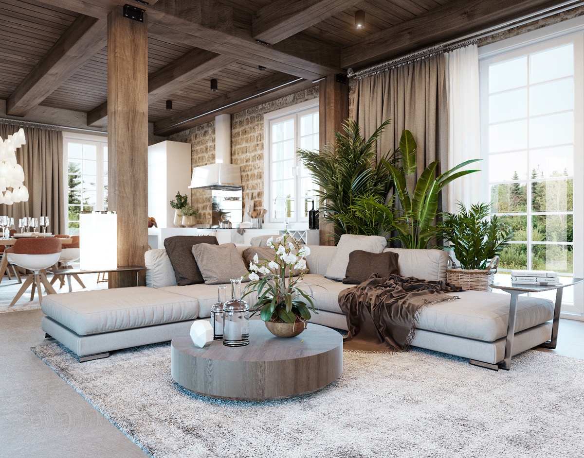 Circular-wooden-table-rustic-living-room-design