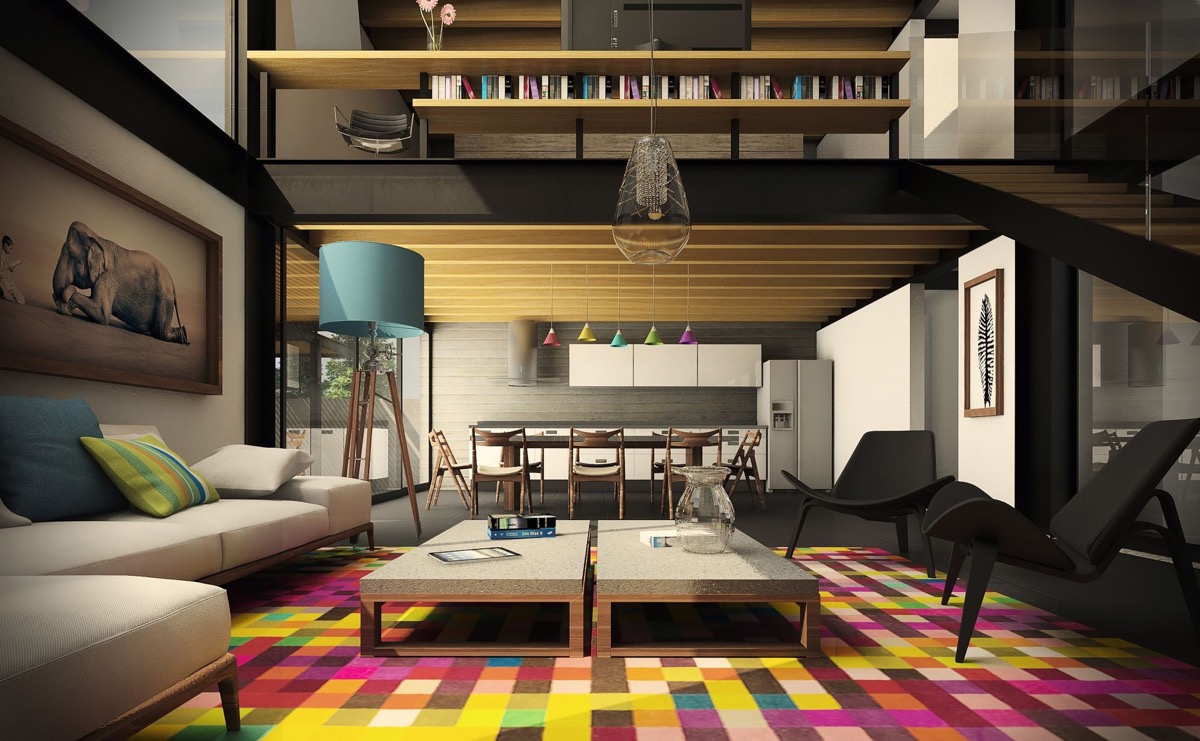 Colourful-rug-geometric-disco-living-room
