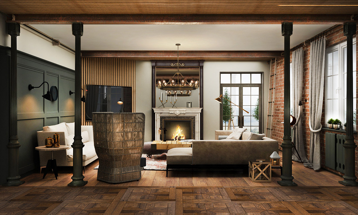 Exposed-brick-high-chairs-rustic-rugs-for-living-room