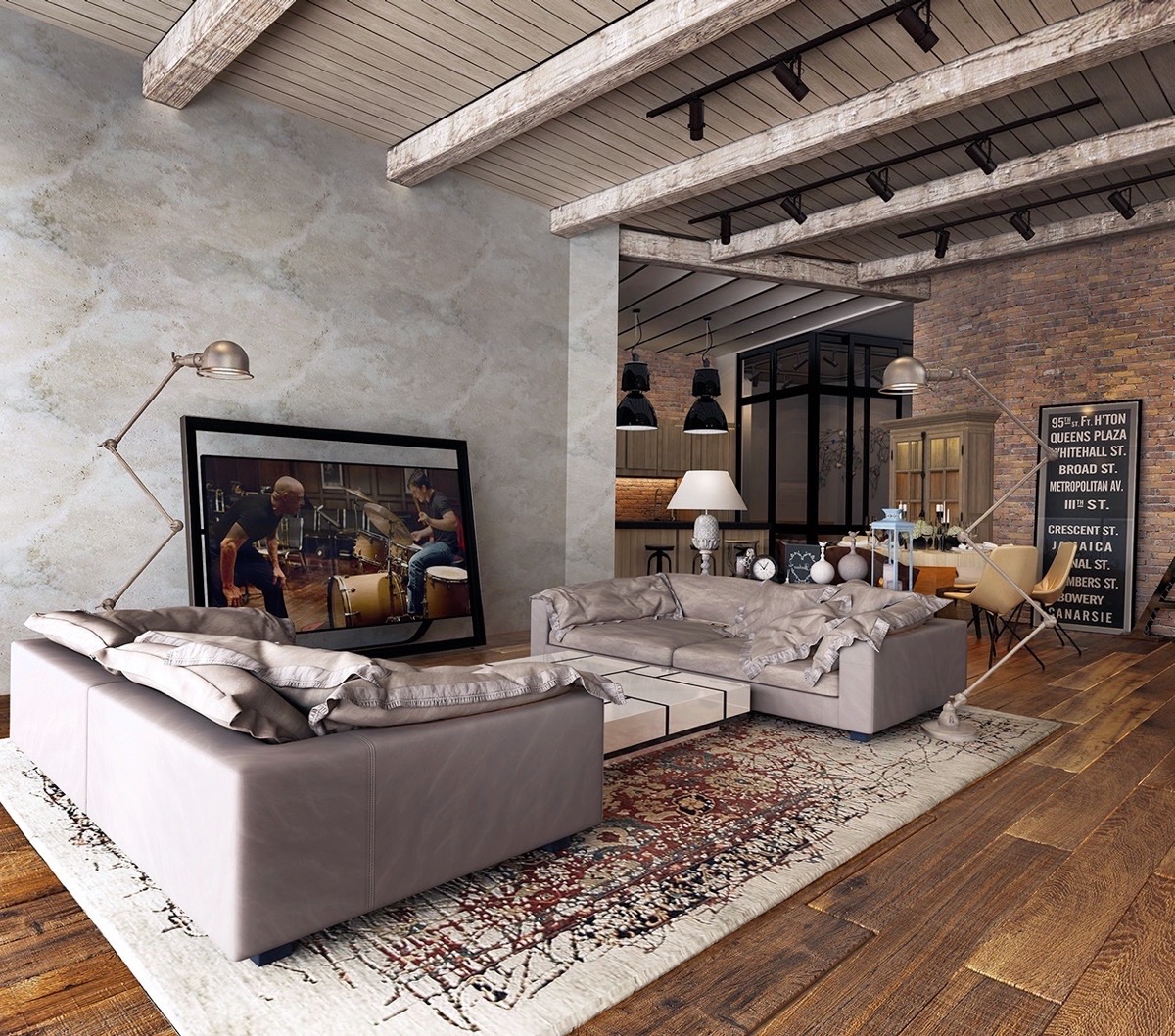 Exposed-ceiling-beams-abstract-rug-rustic-lamps-for-living-room