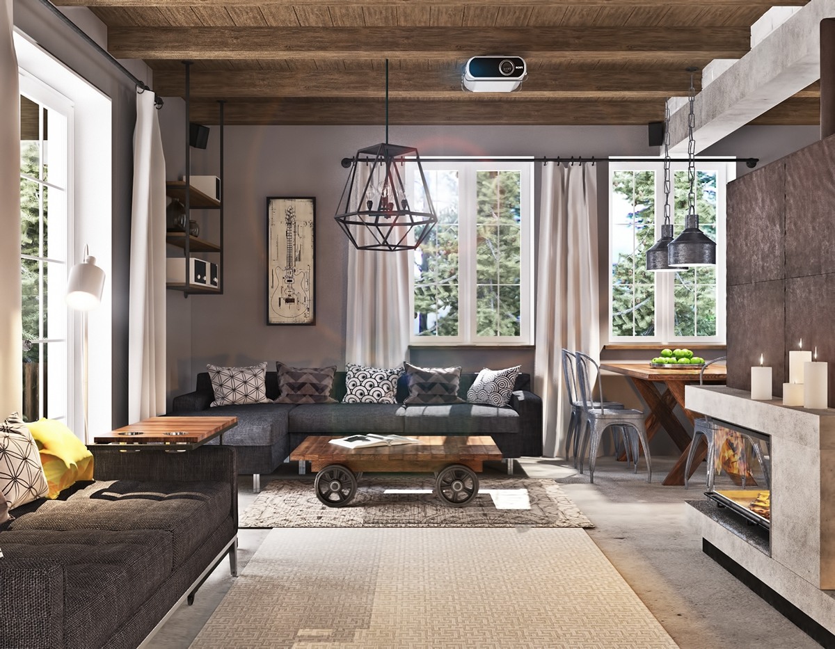 Exposed-wood-ceiling-fireplace-rustic-themed-living-room