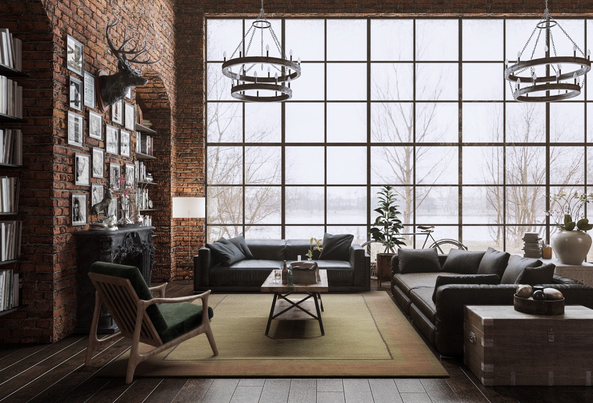 Japanese-loft-windows-stag-head-rustic-glam-living-room-1