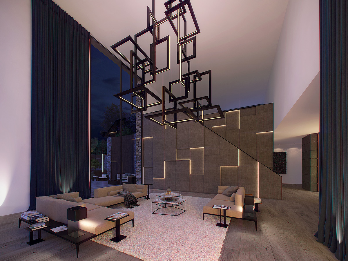 Tessellated-chandelier-fluffy-rug-modern-living-room