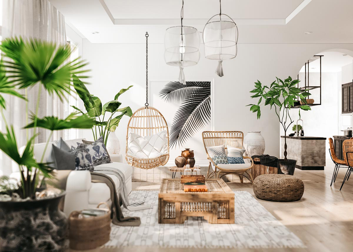 Wicker-swing-chair-fluffy-rug-rustic-living-room-tables