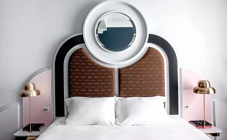 Bedroom with awesome headboard