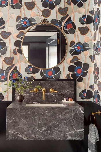 Black bathroom with floral touh