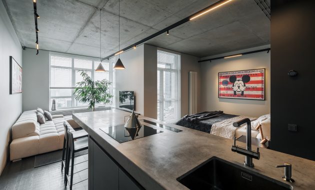 Minimalist apartment with a window overlooking the city 2