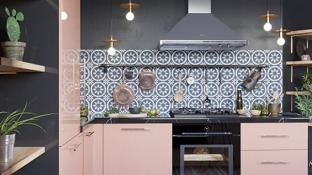 Pretty pink kitchen decor that timeless and chic with patterned tile backdrop 1