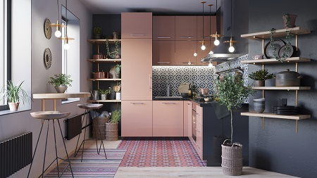 Pretty pink kitchen decor that timeless and chic with patterned tile backdrop 2