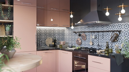 Pretty pink kitchen decor that timeless and chic with patterned tile backdrop 3