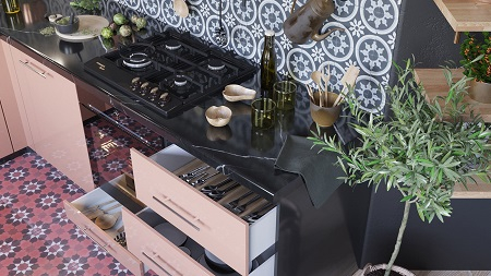Pretty pink kitchen decor that timeless and chic with patterned tile backdrop 4