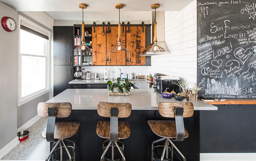 Reclaimed-wood-bar-stools-lighting-and-chalkboard-paint-give-the-kitchen-great-textural-contrast