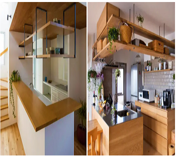 Suspended shelving Earth-Toned Minimalist Kitchen Ideas With Simplicity And Harmony