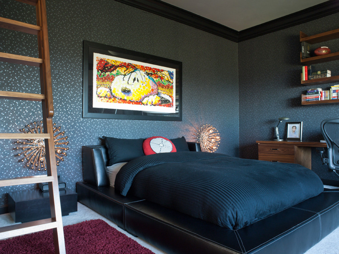 Unusual-wall-art-on-grey-wall-inside-stylish-basement-bedroom-ideas-with-dark-platform-bed