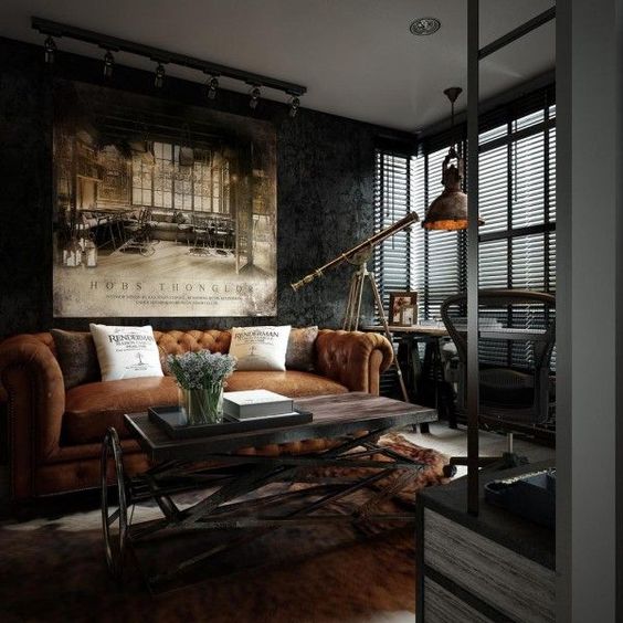 A-dark-industrial-room-with-a-leather-sofa-a-wood-and-metal-table-a-vintage-metal-pendant-lamp-and-a-fur-rug