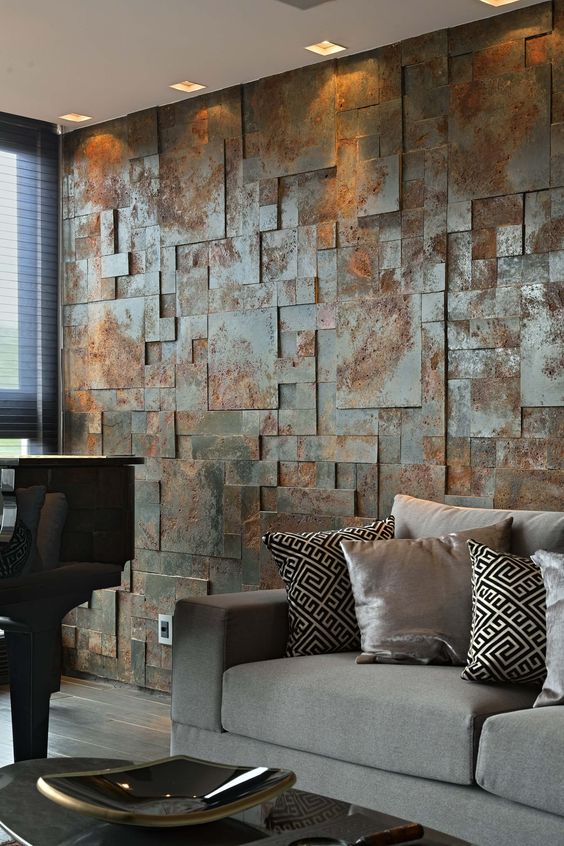 An-aged-metal-accent-wall-brings-industrial-esthetics-to-the-living-room