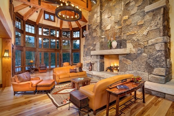 Awesome-rustic-living-room-stone-fireplace-sofa-set-armchair-chandelier