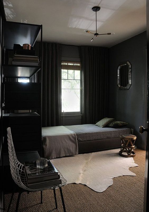 Cozy-bedroom-in-black-with-textural-textiles