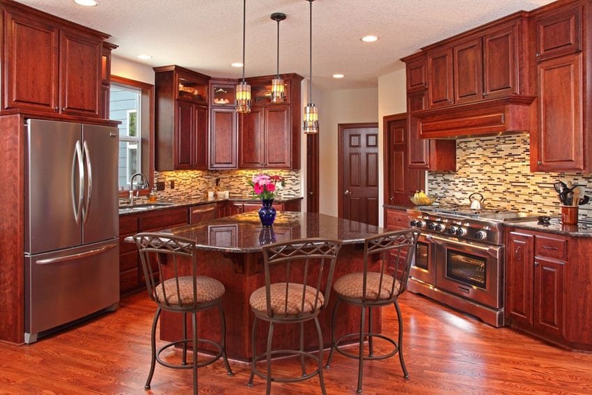 Craftsman-kitchen-with-cherry-wood-cabinet-finish