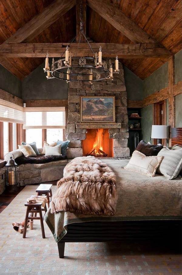 Fabulous-rustic-bedroom-decor-stone-fireplace-design-ideas-iron-chandelier