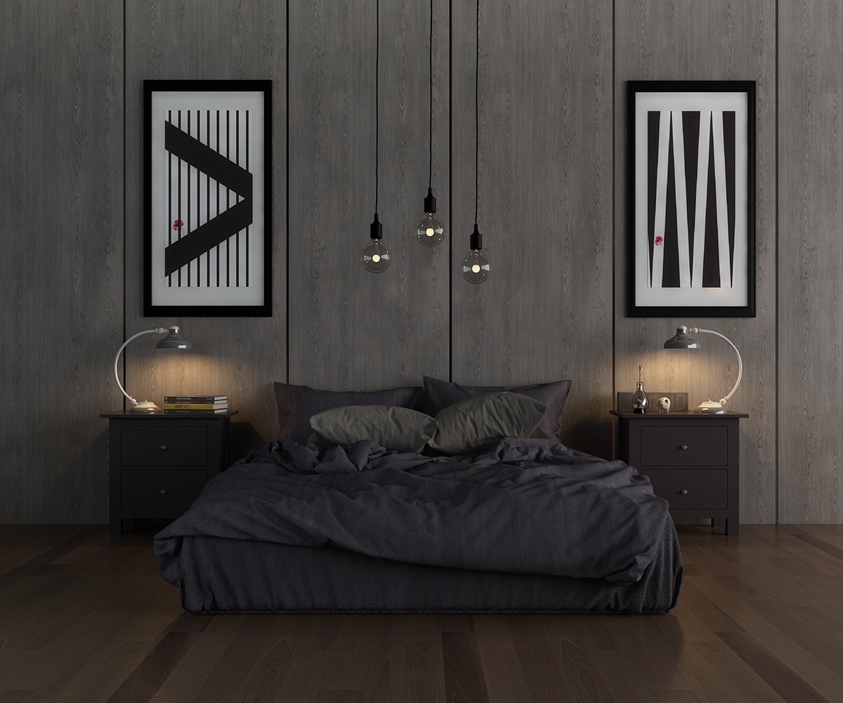 Grey-and-black-bedroom-two-matching-art-pieces-either-side-of-bed