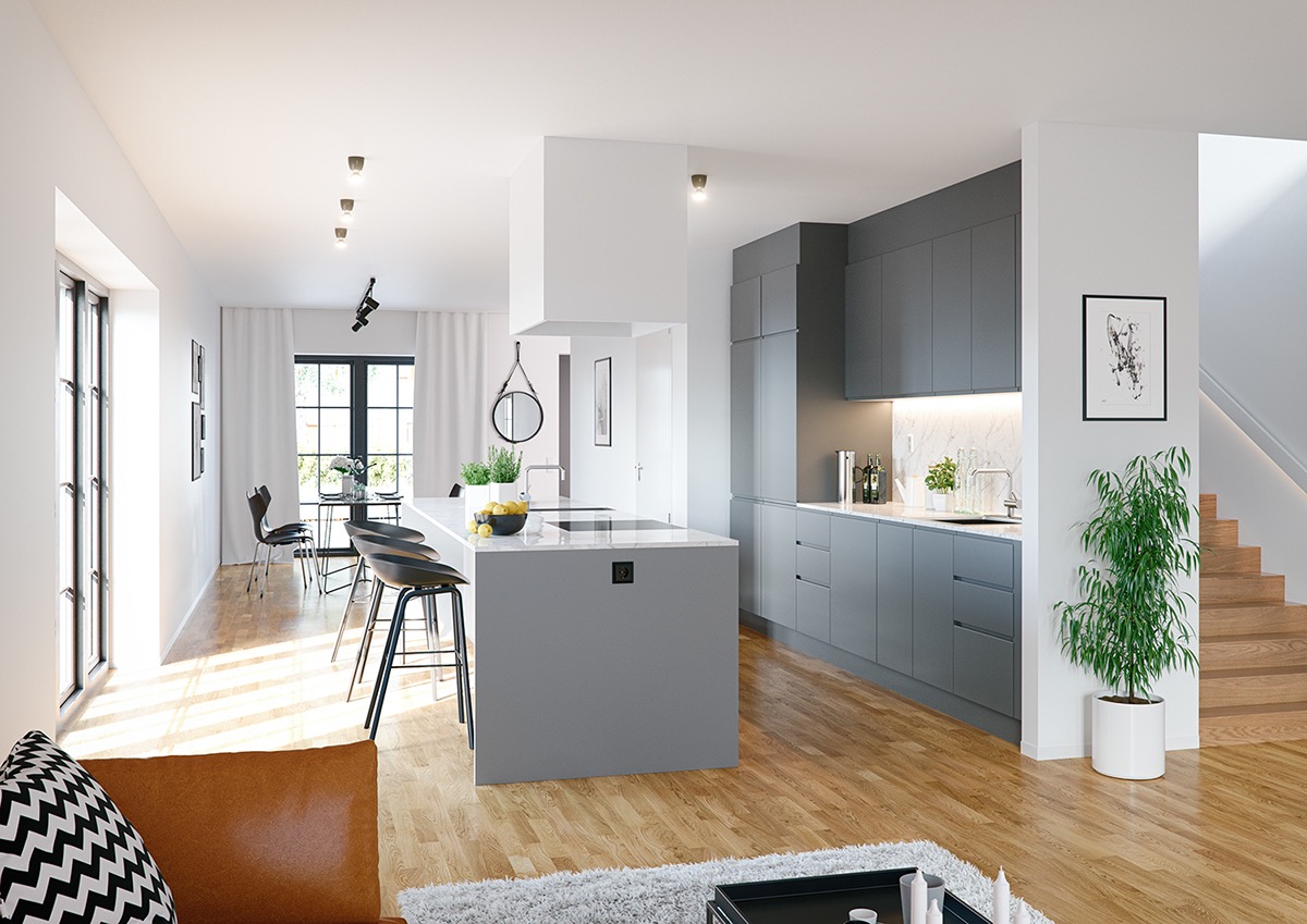 Grey-benches-checkered-floor-art-deco-kitchen