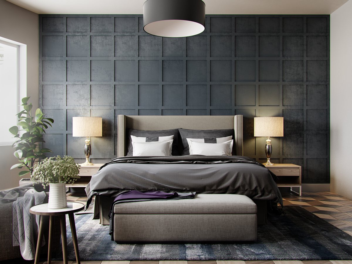 Grey-wallpaper-bedroom-textured-in-squares-chequered-1