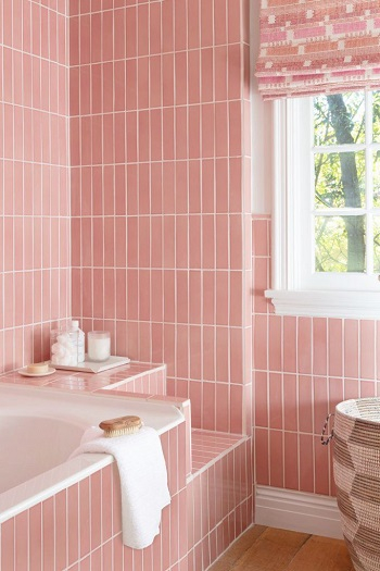 Monochromatic bubblegum pink subway tiles