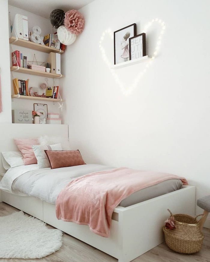 Shelves-on-the-wall-above-the-bed-cute-room-ideas-white-walls-fairy-lights-in-the-shape-of-a-heart-wooden-floor