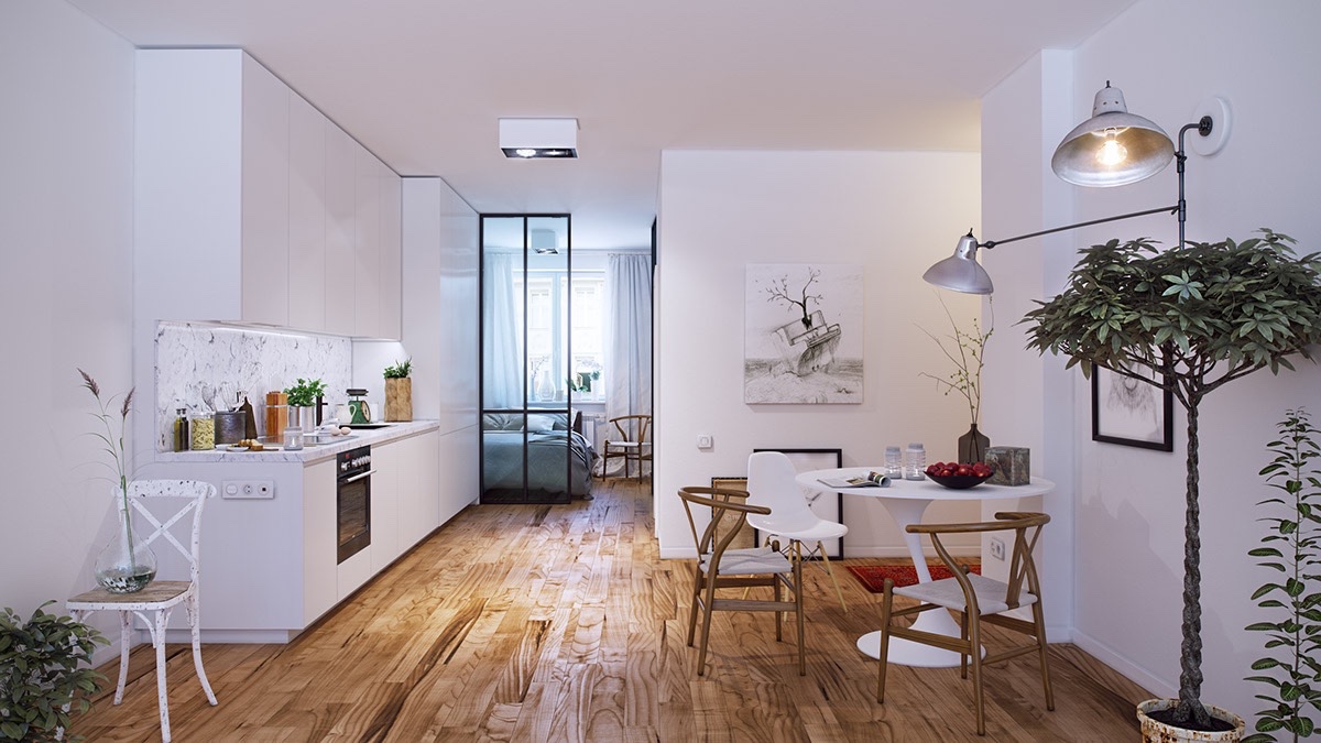 Simplistic-kitchen-white-walls-potted-tree