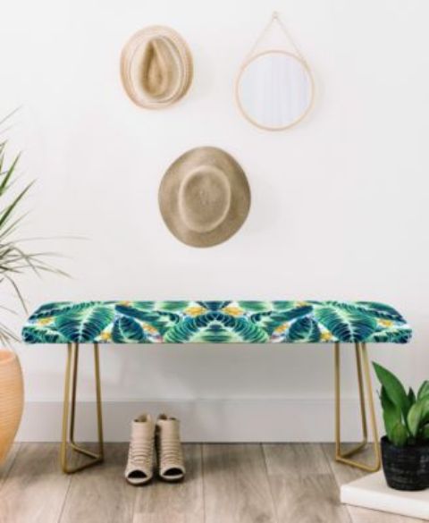2-05-a-tropical-leaf-printed-bench-with-brass-legs-is-an-ultimate-idea-for-a-boho-chic-entryway