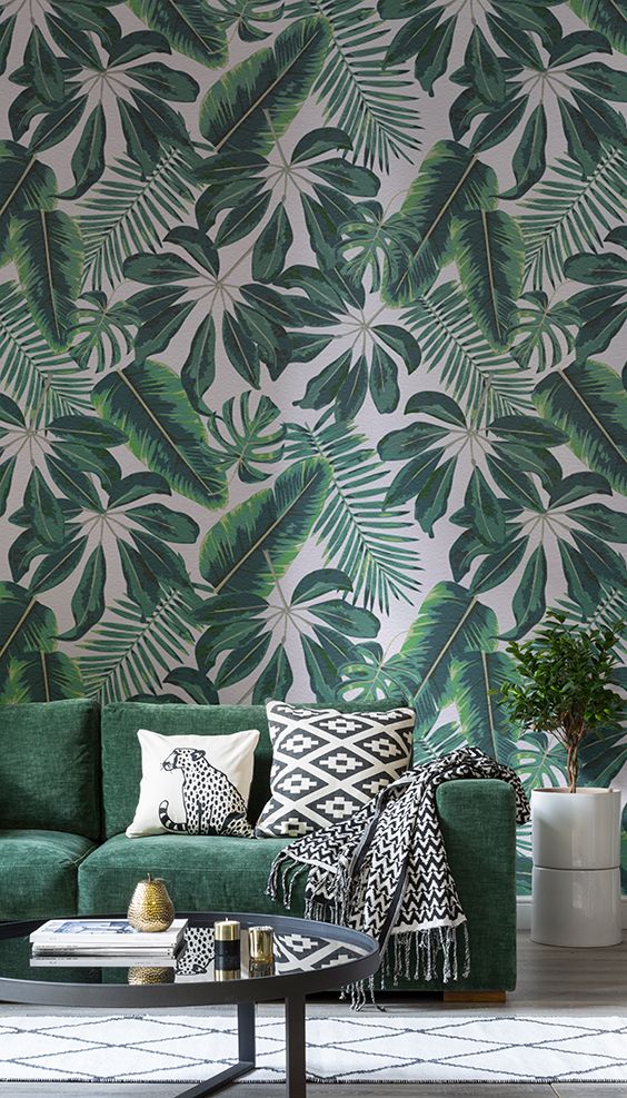 2-14-mixed-tropical-leaf-wallpaper-and-a-matching-emerald-sofa-are-ideal-for-a-summer-living-room