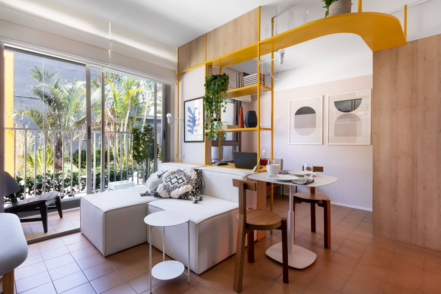 Apartment interior design in 37 m² area with a tiny home office nook 1