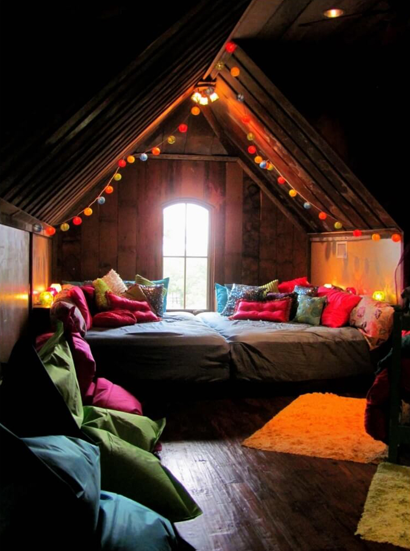 Bohemian bedroom with string lights