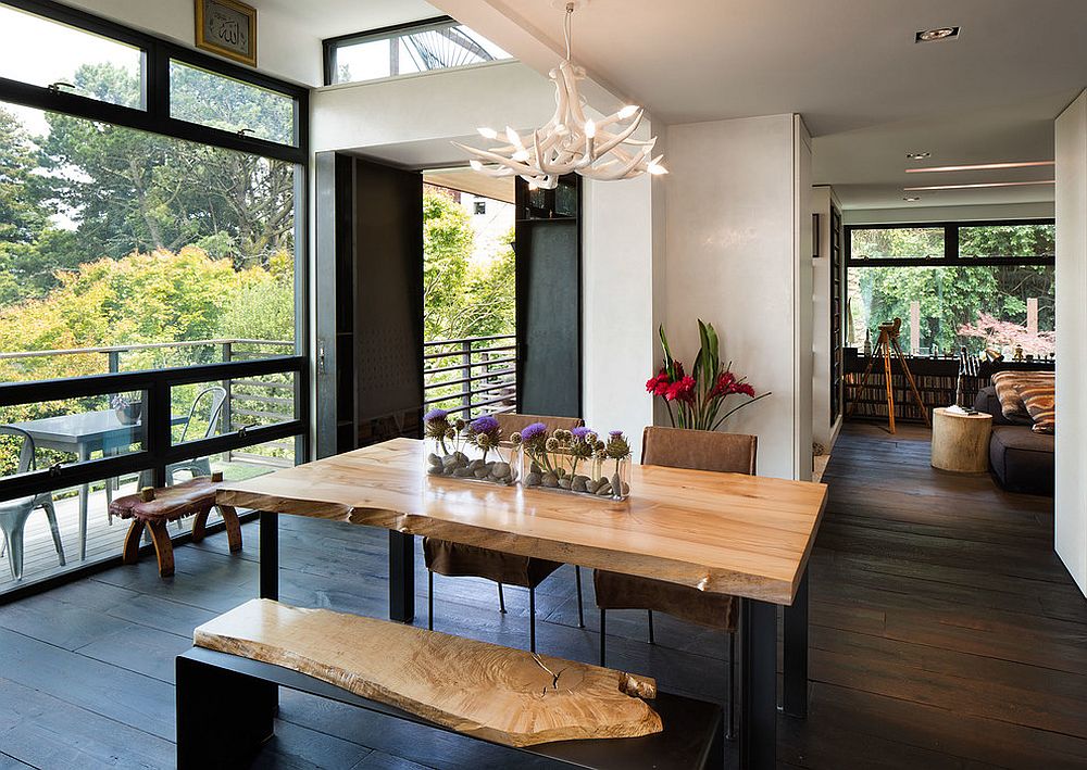 Dining-table-bench-with-natural-wooden-surface-complements-the-dining-table-in-a-fun-fashion